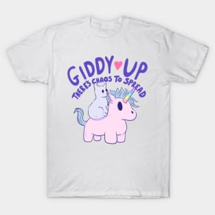 Cute Cat Riding Unicorn - Giddy Up, There’s Chaos to Spread T-Shirt